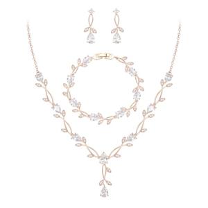 EVER FAITH Wedding Jewelry Set for Bride Bridesmaid, Rose Gold-Plated-Brass White Teardrop Cubic Zirconia Leaf Vine Bridal Prom Necklace Dangle Earrings Bracelet Sets for Women