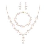 EVER FAITH Wedding Jewelry Set for Bride Bridesmaid, Rose Gold-Plated-Brass White Teardrop Cubic Zirconia Leaf Vine Bridal Prom Necklace Dangle Earrings Bracelet Sets for Women