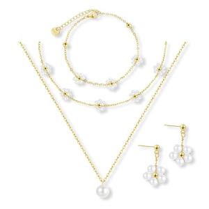 Kysppreu Gold Jewelry Set for Women Dainty 18K Gold Silver Plated Layered Daisy Pearl Flower Choker Necklaces Set Flower Bracelet & Drop Earrings Wedding Jewelry for Christmas Birthday Gifts