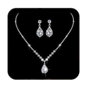 JAKAWIN Bride Silver Bridal Necklace Earrings Set Crystal Wedding Jewelry Set Rhinestone Choker Necklace for Women (Set of 3) (NK144-3) (1 Silver)