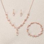 EVER FAITH Wedding Jewelry Set for Bride Bridesmaid, Rose Gold-Plated-Brass White Teardrop Cubic Zirconia Leaf Vine Bridal Prom Necklace Dangle Earrings Bracelet Sets for Women