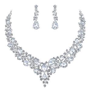 BriLove Wedding Bridal Jewelry Set for Women Austrian Crystal Teardrop Cluster Statement Necklace Dangle Earrings Clear Silver-Tone