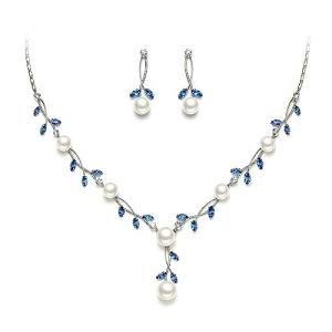 EVER FAITH Wedding Jewelry for Bridesmaid CZ Crystal Simulated Pearl Floral Vine Filigree Bridal Necklace Earrings Set Sky Blue Silver-Plated-Brass