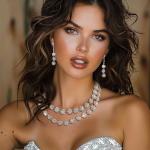 HUASAI Silver Jewelry Set Costume Jewelry for Women Rhinestone Necklace Earrings Bracelet Sets Formal Prom Dress Accessories Wedding Sets for Brides Guest New Years Eve Party Supplies Outfits Women