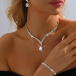 Aukmla Crystal Bride Wedding Jewelry Set Silver Rhinestones Bridal Necklaces Earrings Bracelet Sets Prom Jewelry for Women and Brides (Silver)