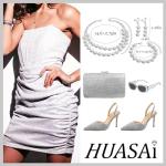 HUASAI Silver Jewelry Set Costume Jewelry for Women Rhinestone Necklace Earrings Bracelet Sets Formal Prom Dress Accessories Wedding Sets for Brides Guest New Years Eve Party Supplies Outfits Women