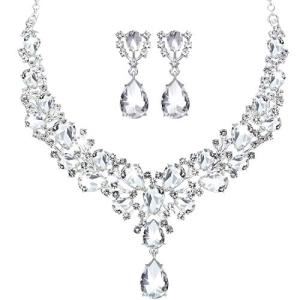 Hicarer Bridal Teardrop Cluster Crystal Jewelry Set for Women Necklace Earrings Wedding (Silver)