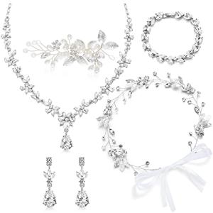 Henoyso 5 Pcs Bride Jewelry Set Rhinestone Necklace Earrings Bracelet Headpieces Sets for Wedding Bridal Party Prom Costume(Elegant Style)