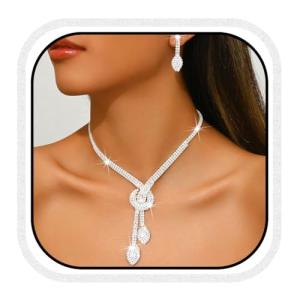 Unicra Silver Rhinestone Bridal Wedding Jewelry Set Crystal Necklace Earrings Sets Formal Prom Costume Jewelry Sets for Women and Brides (Silver)