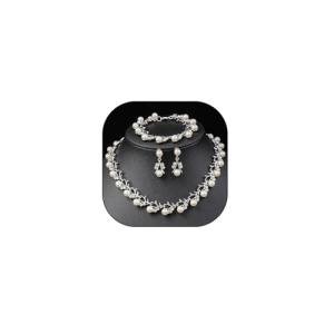 Rrdaily Rhinestone Pearl Wedding Jewelry Set for Bride Bridesmaid Bohemia Adjustable Beaded Crystal Bracelet Necklace Exaggerated Pearl Earring Set for Women (Silver)