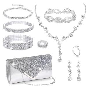 MEDOJO 10Pcs Silvery Rhinestone Jewelry Set for Women Bride Wedding Prom Jewelry Evening Rhinestone Sparkly Clutch Purse Bag Necklace Tennise Layered Bracelets CZ Ring Crystal Drop Earring Set