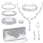 MEDOJO 10Pcs Silvery Rhinestone Jewelry Set for Women Bride Wedding Prom Jewelry Evening Rhinestone Sparkly Clutch Purse Bag Necklace Tennise Layered Bracelets CZ Ring Crystal Drop Earring Set