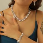 Rrdaily Rhinestone Pearl Wedding Jewelry Set for Bride Bridesmaid Bohemia Adjustable Beaded Crystal Bracelet Necklace Exaggerated Pearl Earring Set for Women (Silver)