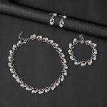 Rrdaily Rhinestone Pearl Wedding Jewelry Set for Bride Bridesmaid Bohemia Adjustable Beaded Crystal Bracelet Necklace Exaggerated Pearl Earring Set for Women (Silver)