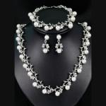 Rrdaily Rhinestone Pearl Wedding Jewelry Set for Bride Bridesmaid Bohemia Adjustable Beaded Crystal Bracelet Necklace Exaggerated Pearl Earring Set for Women (Silver)