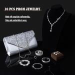 MEDOJO 10Pcs Silvery Rhinestone Jewelry Set for Women Bride Wedding Prom Jewelry Evening Rhinestone Sparkly Clutch Purse Bag Necklace Tennise Layered Bracelets CZ Ring Crystal Drop Earring Set