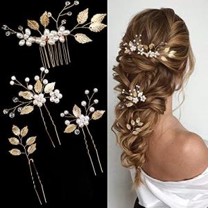 4 Pieces Bridal Wedding Hair Pins Gold Leaf Crystal Pearl Hair Pins Clips Flower Headpiece Vintage Wedding Hair Accessories for Brides Bridesmaids Women Girls