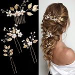 4 Pieces Bridal Wedding Hair Pins Gold Leaf Crystal Pearl Hair Pins Clips Flower Headpiece Vintage Wedding Hair Accessories for Brides Bridesmaids Women Girls