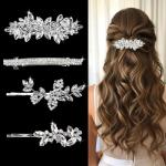 Mulzile 4 Pieces Rhinestone Hair Clips Leaf Wedding Hair Pins Crystal Bobby Pins Silver Bridal Hairpin Barrette for Brides Bridesmaids Flower Girls