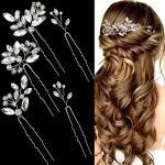 5 Pieces Bride Hair Pins Rhinestone Bridal Hair Piece for Women Crystal Hair Accessories for Bride Bridesmaids Flower Girls(Silver)