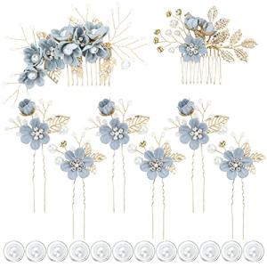 inSowni 20 Pack Classy Dusty Blue Flower Bridal Wedding Hair Side Combs+Floral Hair Pins+Twist Spiral Pearl Hair Pins Clips Pieces Formal Prom Headpieces Accessories for Brides Bridesmaids Women Girls