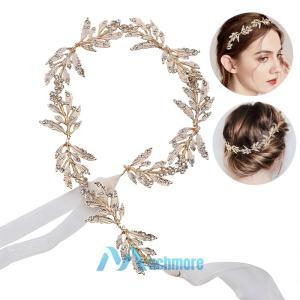 Wedding Hair Vine Crystal Rhinestones Golden Leaf Headband Bridal Accessories
