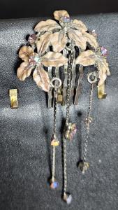 Floral Metal Hair Comb Clip Hand Painted Glitter Rhinestone Dangle Accent