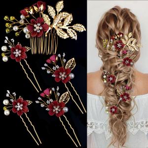 5 PCS Bridal Flower Wedding Hair Pins Crystal Pearl Headpiece Gold Wedding Hair