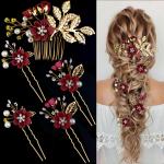 5 PCS Bridal Flower Wedding Hair Pins Crystal Pearl Headpiece Gold Wedding Hair