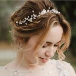 Catery Pearl Bridal Headband Silver Rhinestone Hair Vine Headpiece Wedding Hair Accessories for Brides