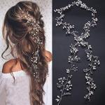 Deniferymakeup Rose Gold and Silver Extra Long Pearl and Crystal Bridal Hair Vine Wedding Head Piece Accessories Headband Jewelry (Silver)