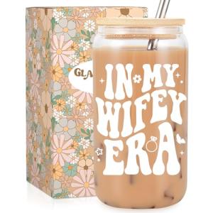 Fairy's Gift Wifey Era Cup, Wedding, Bride Gifts for Her, Bridal Shower, Engagement Gifts for Women, Couples, 16 oz Coffee Glass Cups w/Lids Straws, Bachelorette Presents for Bride to be, Future Mrs
