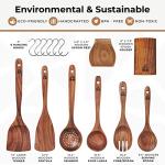 Wooden Utensil Set 8 Pcs – Sturdy & Easy to Clean, Natural Teak Wooden Spoons for Cooking – Non-Scratch Cooking Utensils with Spatula, Turner, Ladle, Spoons, Holder, Spoon Rest, 6 Hooks Kitchen Gifts