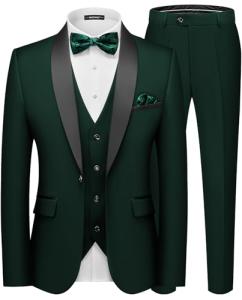 MAGE MALE Men's Slim Fit 3 Piece Suit One Button Solid Shawl Lapel Blazer Jacket Vest Pants Set with Tie Pocket Square Dark Green