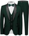 MAGE MALE Men's Slim Fit 3 Piece Suit One Button Solid Shawl Lapel Blazer Jacket Vest Pants Set with Tie Pocket Square Dark Green