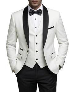 YND Men's 3 Piece Tuxedo Set with Bow Tie, Slim Fit One Button Shawl Lapel Suit Blazer Vest Pants, for Wedding Prom Dinners, Black Collar White