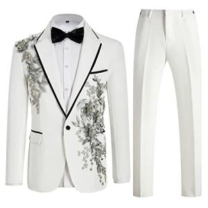 Mens Suits Slim Fit 2 Piece Floral Tuxedo Suits Blazer Pants with Bow Tie for Wedding Prom