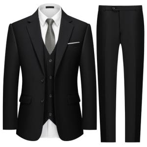MAGE MALE Mens Two Button 3-Piece Suits Slim Fit Tuxedo Set with Blazer Jacket Vest & Pants for Wedding Prom Business Black