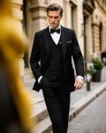 MAGE MALE Men's 3 Pieces Suit Elegant Solid One Button Slim Fit Single Breasted Party Blazer Vest Pants Set. Black
