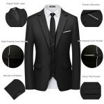 WULFUL Men's 3 Piece Slim Fit Suit Set Two Button Blazer Jacket Vest Pants Tuxedo Set for Party, Wedding and Business Black