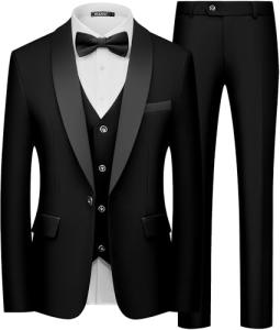 WULFUL Men's 3 Piece Suits Slim Fit Tuxedo Suit Set One Button Shawl Lapel Blazer Jacket Vest Pants Set for Prom, Business Black