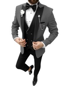 TUXBURNTXZ Men's Grey Wedding Suits for Men Slim Fit 3 Piece Suit Fashion Suit XS