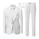 MOGU Mens 3 Piece Suit Slim Fit Tuxedo for Homecoming Wedding Prom Blazer Jacket Vest Pants with Tie Set Size M White