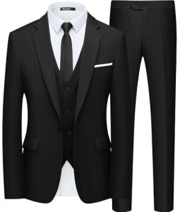 WULFUL Men’s Slim Fit Suit One Button 3-Piece Blazer Dress Business Wedding Party Jacket Vest & Pant Black