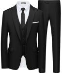 WULFUL Men’s Slim Fit Suit One Button 3-Piece Blazer Dress Business Wedding Party Jacket Vest & Pant Black