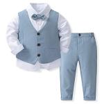 Boys 3Pcs Clothing Sets Cotton Long Sleeve Bowtie Shirts +Vest +Pants Casual Suit Light Blue