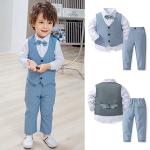 Boys 3Pcs Clothing Sets Cotton Long Sleeve Bowtie Shirts +Vest +Pants Casual Suit Light Blue