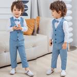 Boys 3Pcs Clothing Sets Cotton Long Sleeve Bowtie Shirts +Vest +Pants Casual Suit Light Blue