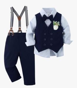 YALLET Toddler Boy Suit Wedding Outfits w/ Bowtie, Corsage, & Suspenders - 2-3T