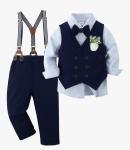 YALLET Toddler Boy Suit Wedding Outfits w/ Bowtie, Corsage, & Suspenders - 2-3T
